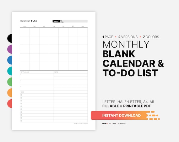 Blank Monthly Calendar & to Do List Undated Month At-a-glance - Etsy
