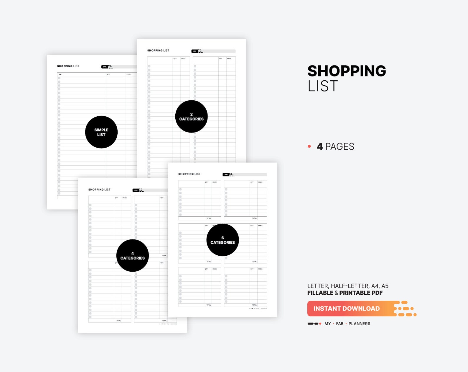 Shopping List, Printable Home Checklist Planner, Fillable Family ...