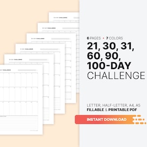 Planificador digital imprimible en formato PDF de 21, 30, 31, 60, 90 y 100 días, seguimiento de objetivos y hábitos, casillas rellenables, tamaño carta, A4 y A5