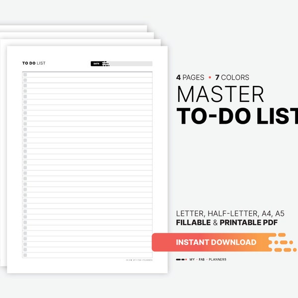 Master To Do List, Get Organized Planner, Printable Things To Do Checklist, Fillable Task Management, Digital Productivity PDF Template