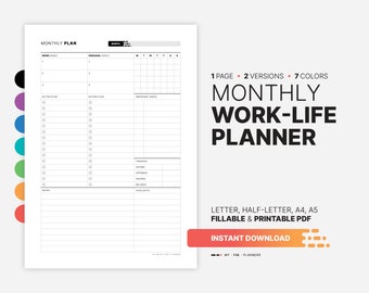 Undated Monthly Work-Life Planner, Fillable PDF Template