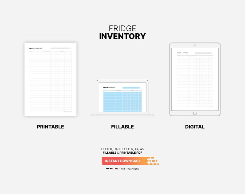 Printable, Fillable, Digital Download for Fridge Inventory, Kitchen Storage Organization Planner, Food and Meal Storage List, Tracker, Organizer, Fillable Letter, A4, A5 PDF Template
