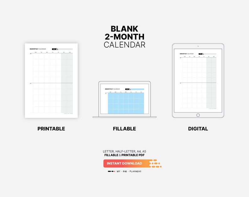 Blank 2-month Calendar, Printable Undated Monthly Productivity Planner ...