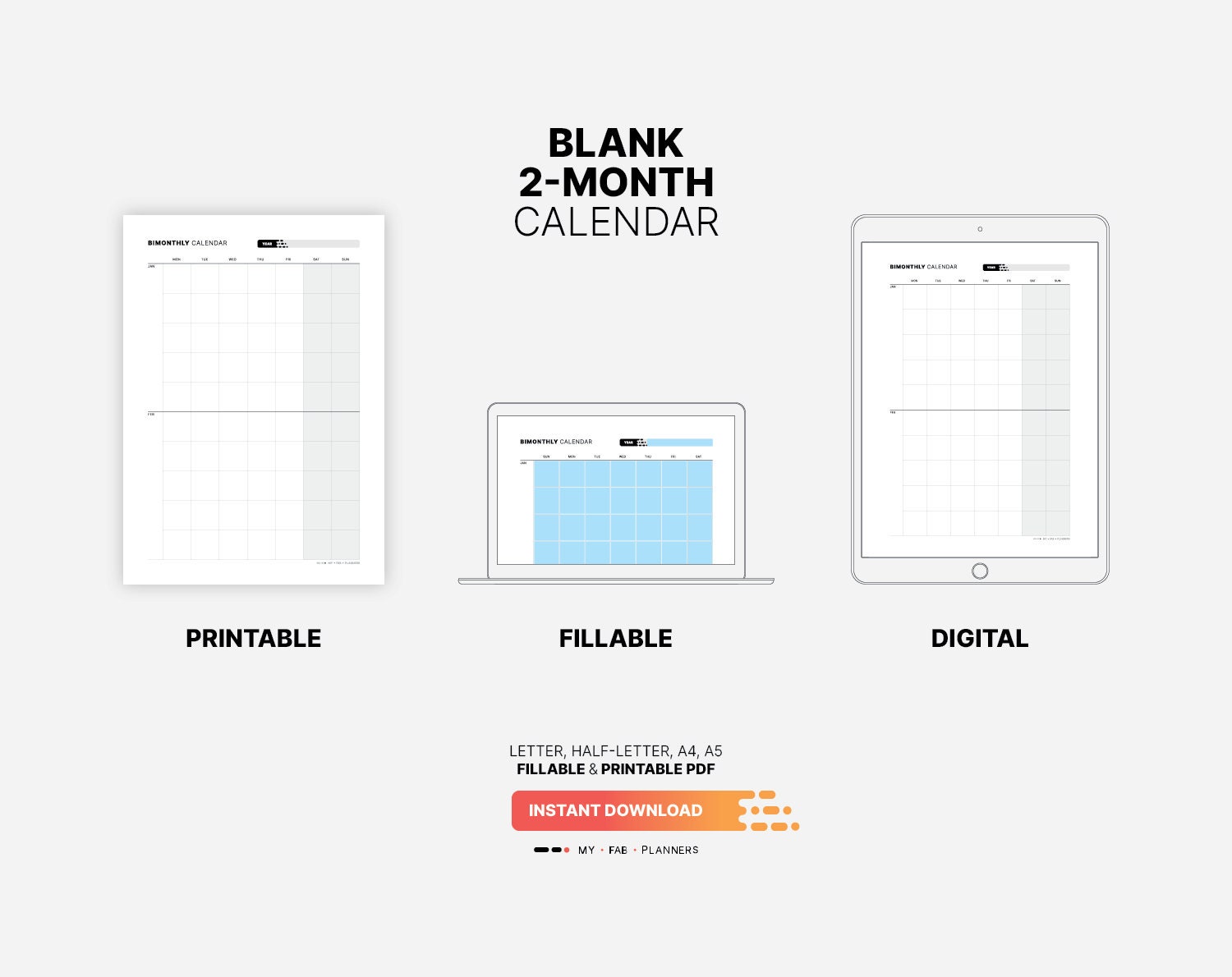 Blank 2-month Calendar Printable Undated Monthly Productivity - Etsy