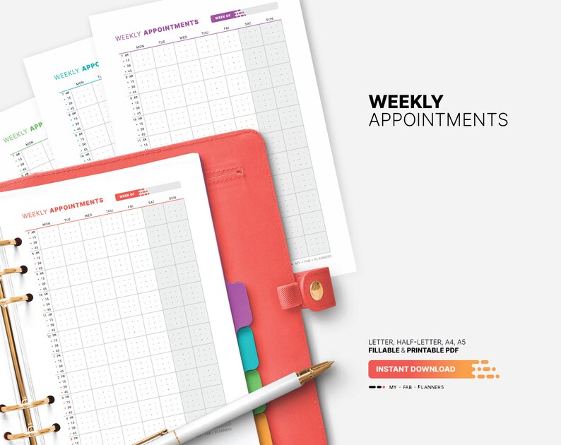 Weekly Appointment Planner, Printable Work & Small Business Agenda, 15 ...