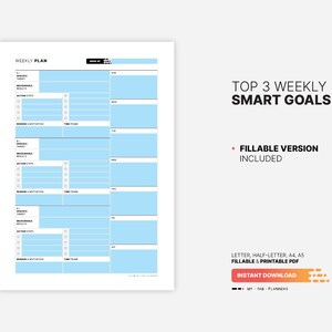 Fillable PDF Form Version Included for Top 3 Weekly SMART Goals with Action Plan, Goal List & Setting Printable Worksheet, Journal, Board, Fillable Letter, A4, A5 PDF Template