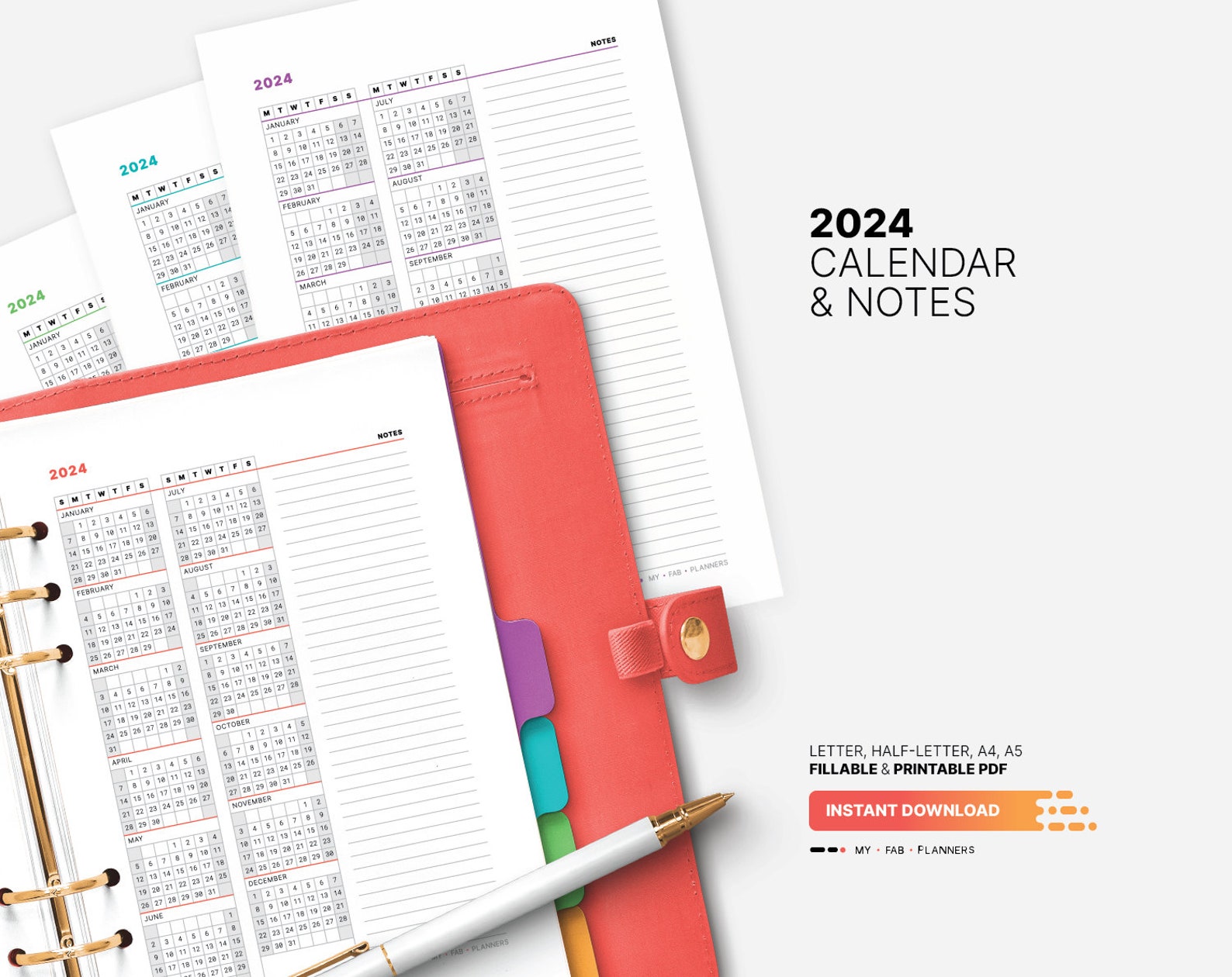 2024 Calendar & Notes Template, Printable New Year Ataglance Wall