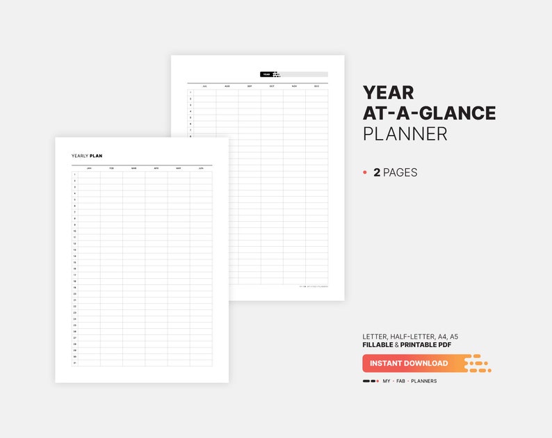 2 Pages for Year At-a-glance Planner, Undated & Digital Yearly Overview Template, Fillable Day Boxes, Printable Letter, Half-letter, A4, A5 PDF