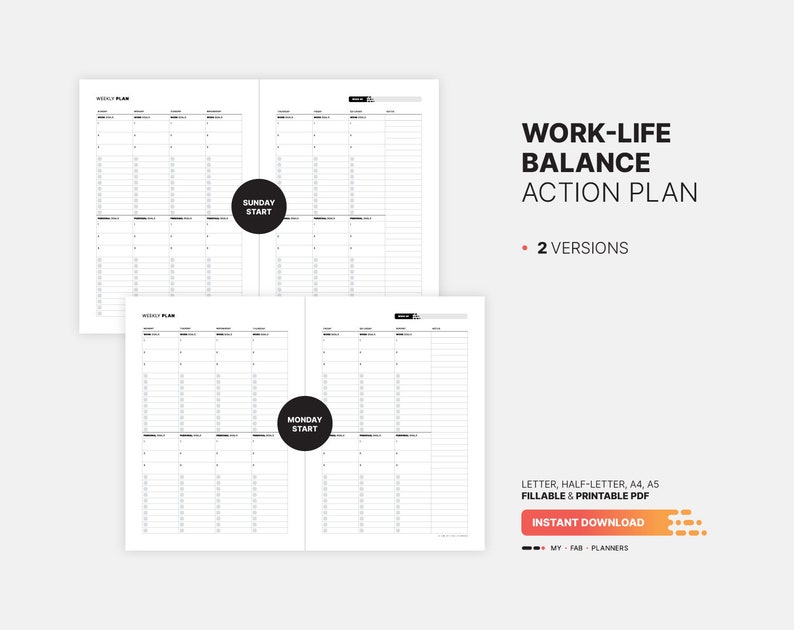 Weekly Work-life Balance & Action Plan, Goal Setting Log, Fillable To ...