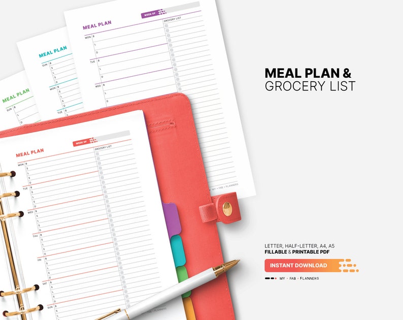 Weekly Meal Plan & Grocery List Planner, Fillable Meal Idea Tracker, Grocery Checklist, Printable Letter, Half-letter, A4, A5 PDF Template