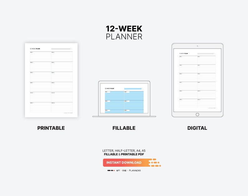 Printable, Fillable, Digital Download for 12 Week Planner, Vision Board Overview, Productivity Calendar, Daily Fillable Goal Tracker Template, Printable Half-size, Letter, A4, A5 PDF
