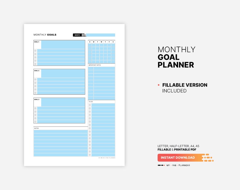 Fillable PDF Form Version Included for Monthly Goal Planner, Printable Work-Life Goal Setting, Project Productivity Action Plan Template, Fillable Digital To Do List, Calendar Letter, Half-letter, A4, A5 PDF