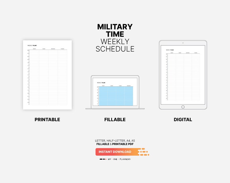 Military Time Weekly Schedule, Printable Fillable PDF (US Letter, A4 ...