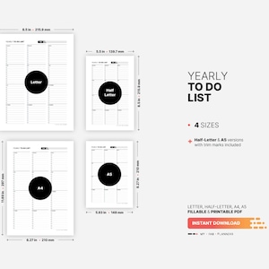 4 Paper Sizes: US Letter (8.5 x 11 in), US Half-Letter (5.5 x 8.5 in), A4 (210 x 297 mm), A5 (148 x 210 mm) for Yearly To Do List, Printable Monthly Task Checklist, Fillable Productivity Task Management Planner, Digital Year at a Glance PDF Template
