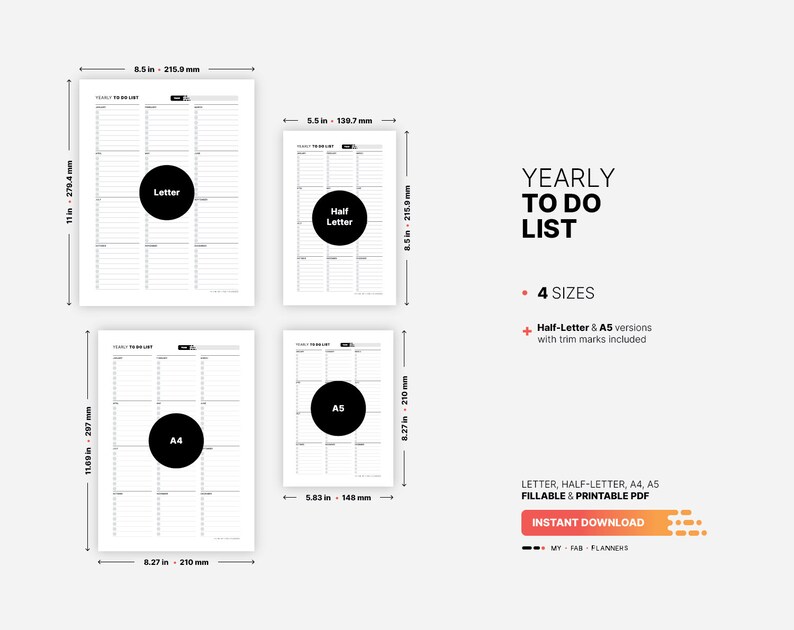 4 Paper Sizes: US Letter (8.5 x 11 in), US Half-Letter (5.5 x 8.5 in), A4 (210 x 297 mm), A5 (148 x 210 mm) for Yearly To Do List, Printable Monthly Task Checklist, Fillable Productivity Task Management Planner, Digital Year at a Glance PDF Template