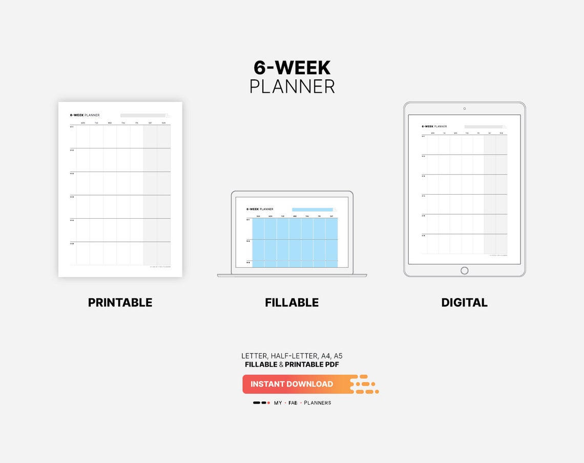 6week Calendar, Planner, Fillable Work & Productivity Goal Tracker