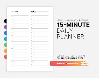 15 Minute Planner Sheet, Daily Appointment Schedule & Time Slots Organizer, Undated Hourly Fillable, Printable 8.5x11, 5.5x8.5, A4, A5 PDF