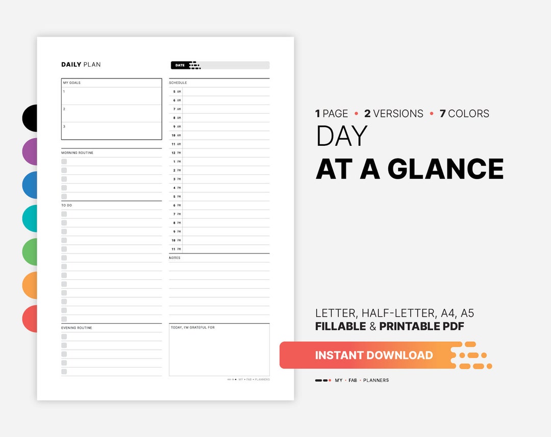 Day at a Glance, Printable Productivity Planner, Fillable Daily Goal ...