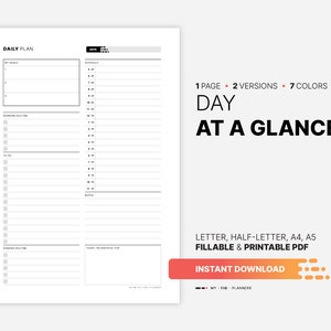 Day at a Glance, Printable Productivity Planner, Fillable Daily Goal ...