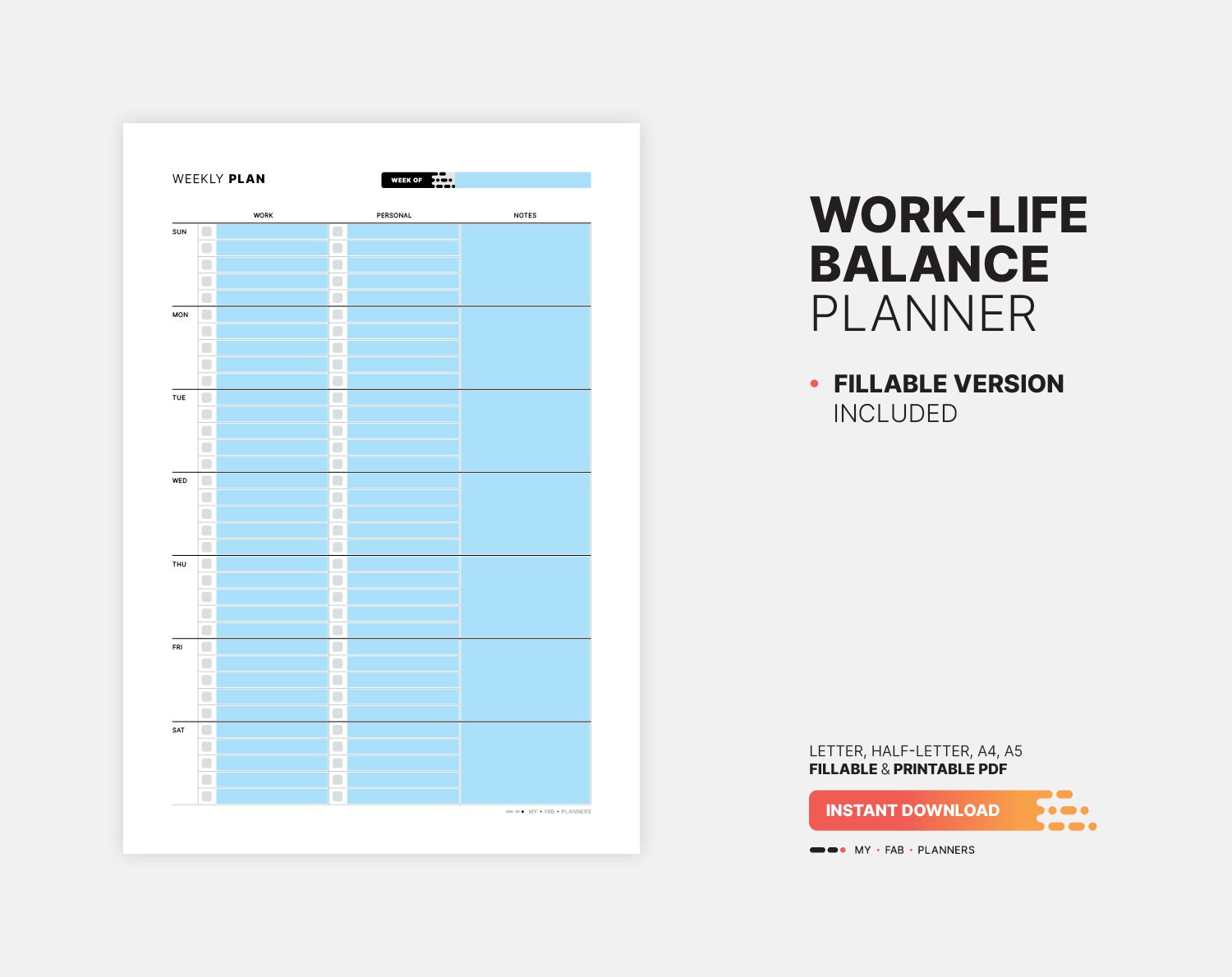 Weekly Worklife Balance Planner Fillable Week's Task Etsy