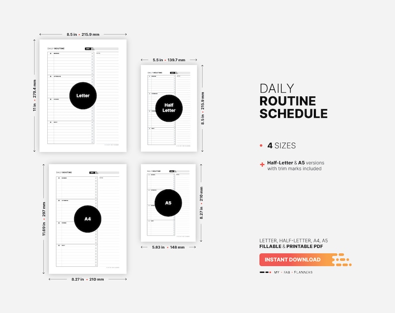 4 Paper Sizes: US Letter (8.5 x 11 in), US Half-Letter (5.5 x 8.5 in), A4 (210 x 297 mm), A5 (148 x 210 mm) for Daily Routine Schedule, Printable Morning, Night Chore Chart, Fillable Time Management, Digital Productivity To Do List Planner Template