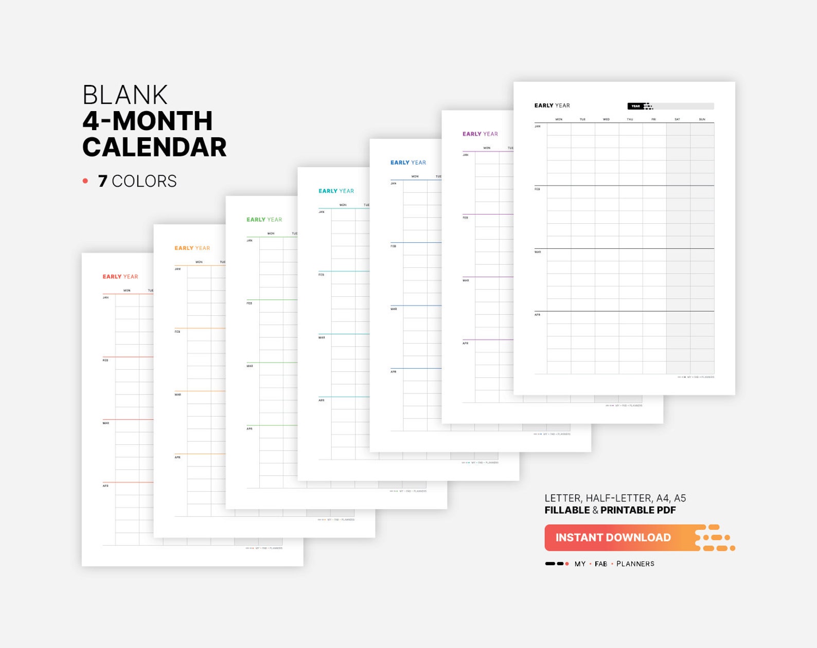 Yearly 4month Calendar Fillable Planner Template Blank Etsy