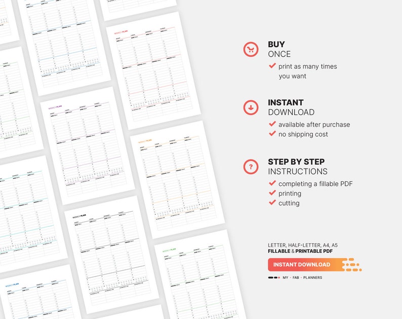 ✔ Buy once and print as many times you want.
✔ Instant download available after purchase and no shipping costs.
✔ Step by step instructions for completing a fillable PDF, printing and cutting My Fab Planners inserts.