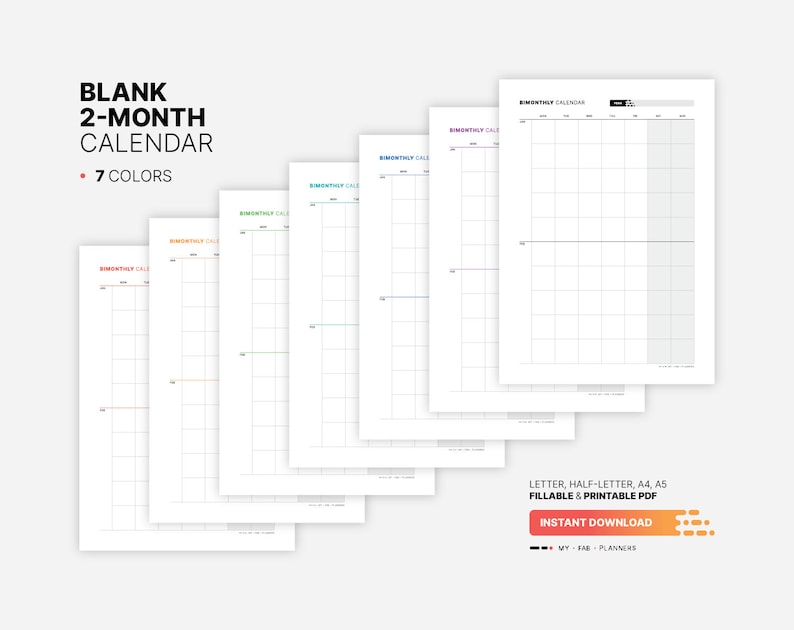Blank 2month Calendar, Printable Undated Monthly Productivity Planner