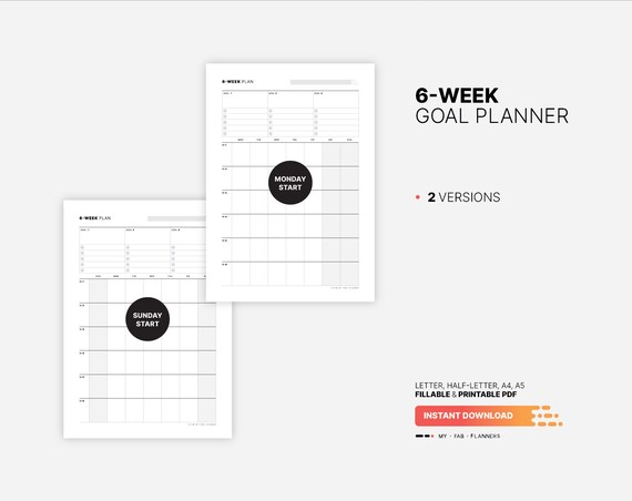 6-week Goal Planner, Fillable Work & Productivity Tracker Calendar,  Organization Dashboard, Printable Letter, Half-size, A4, A5 PDF Template -  Etsy