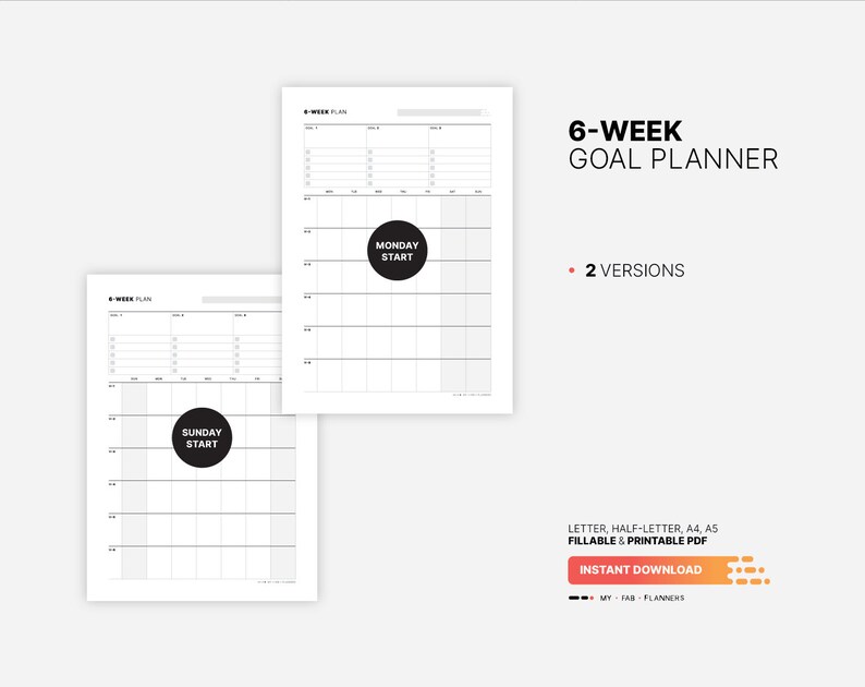 2 Versions: Sunday and Monday Start for 6-Week Goal Planner, Fillable Work & Productivity Tracker Calendar, Organization Dashboard, Printable Letter, Half-size, A4, A5 PDF Template