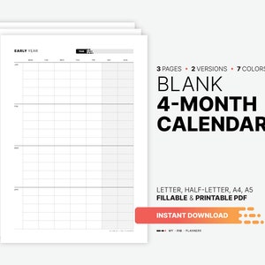 Calendario anual de 4 meses, plantilla de planificador rellenable, calendario de pared digital anual y mensual en blanco, letra imprimible, media letra, A4, A5 PDF