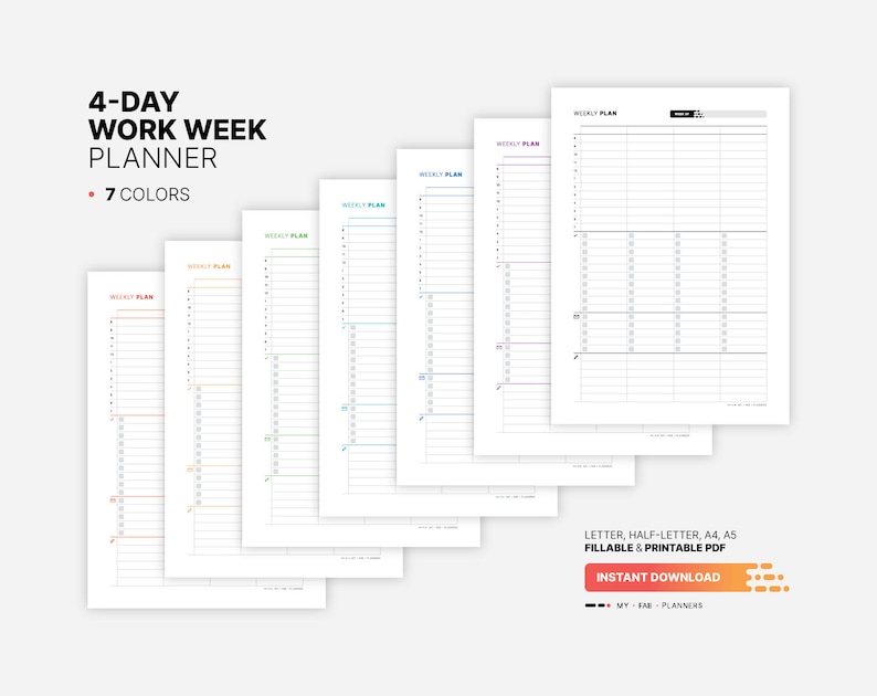 7 Color Variations Included: red, orange, green, teal, blue, purple, black for 4-Day Work Week Planner, Printable Productivity Action Plan Tracker, Fillable Task Checklist Schedule, Digital Work from Home Letter, Half-letter, A4, A5 PDF Template