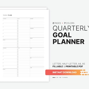 Yearly Goal Planner & Crusher, Quarterly Goals Review, Dashboard, Action Plan, Fillable Goal Setting, Printable 8.5x11, 5.5x8.5, A4, A5 PDF