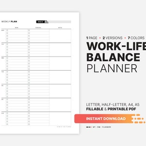 Weekly Work-Life Balance Planner, Fillable Week&#39;s Task List, To-Do Manager & Log, Printable Letter, Half-letter, A4, A5 PDF Form Template