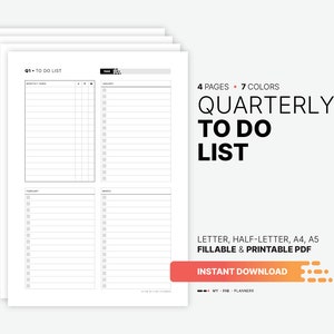 Kwartalna lista rzeczy do zrobienia, drukowana praca bez daty, nauka, przegląd produktywności biznesowej, wypełnialny miesięczny planista szablon PDF
