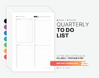 Quarterly To-Do List, Undated Monthly Planner, Fillable PDF