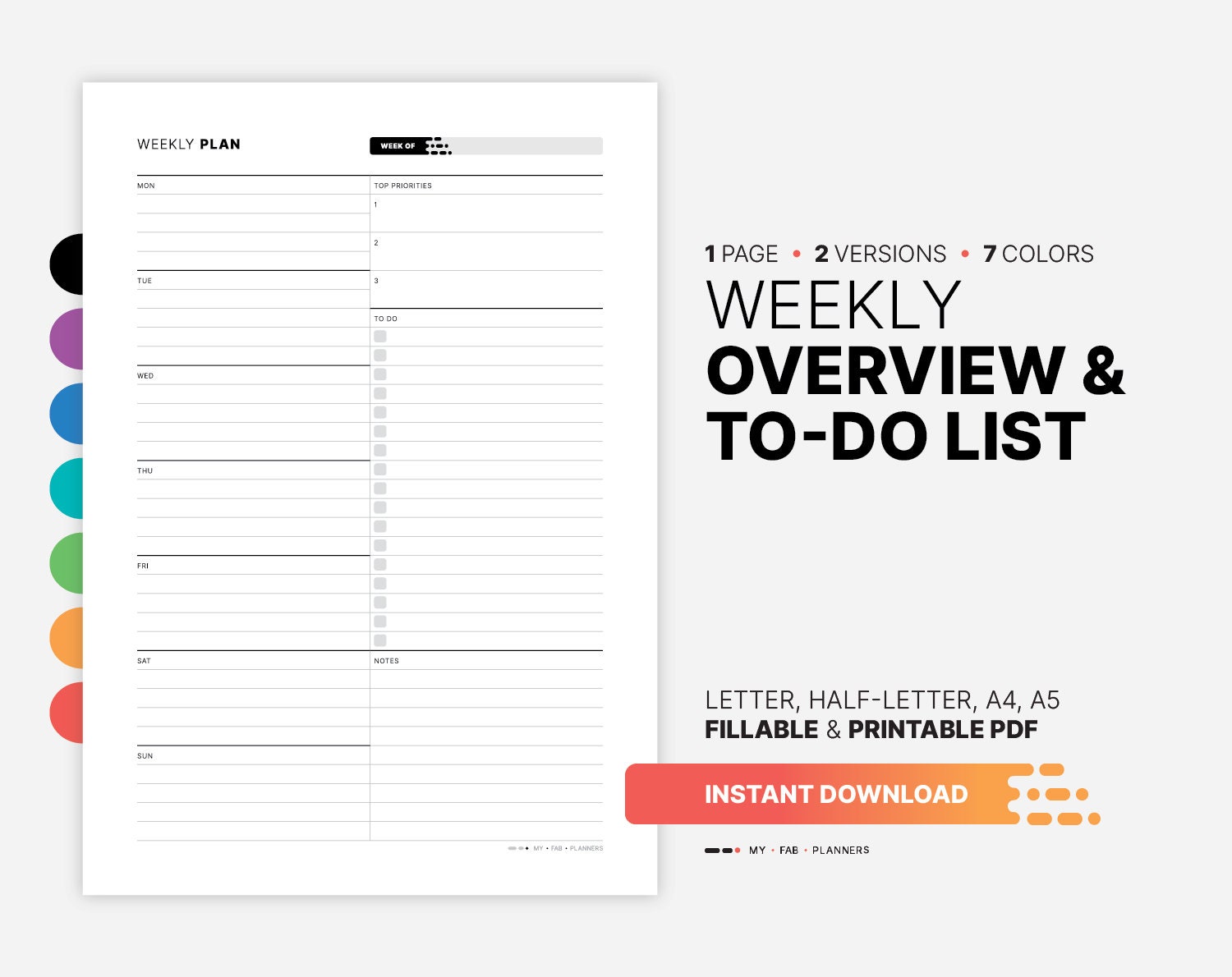 Weekly Overview on One Page, Week Ahead At-a-glance Planner, Fillable Task Checklist & To Do List, Printable Letter, Half-size, A4, A5 PDF