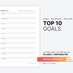 Los 10 objetivos principales, lista de objetivos de vida, panel de control y planificador de hojas de trabajo, carta digital rellenable, imprimible, tamaño medio, plantilla PDF A4, A5