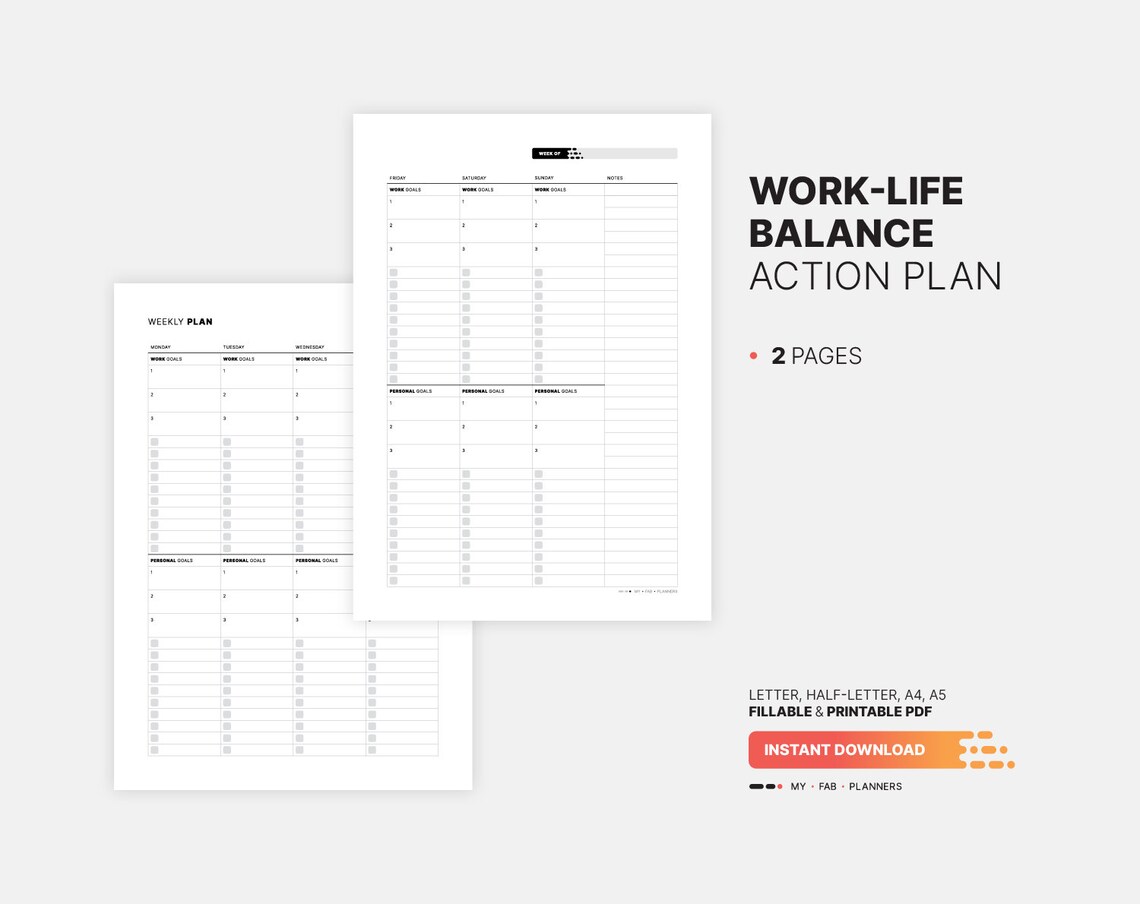 Weekly Work-life Balance & Action Plan, Goal Setting Log, Fillable To ...