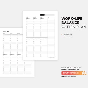 2 Pages for Weekly Work-Life Balance & Action Plan, Goal Setting Log, Fillable To-Do Board, Task List Manager, Printable Letter, Half-letter, A4, A5 PDF Template