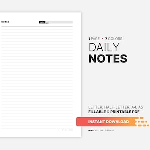 Modello di pagina per pianificare appunti e scrittura giornalieri, organizzatore digitale carta a righe, compilabile, stampabile 8,5x11, 5,5x8,5, A4, blocco note PDF A5