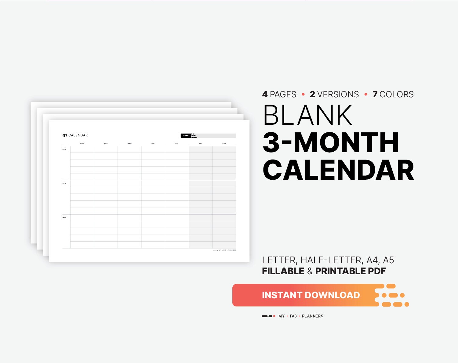 yearly 3 month calendar horizontal quarterly fillable planner etsy australia