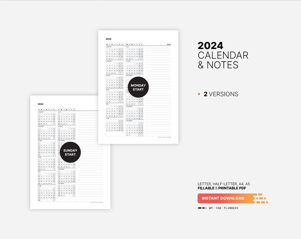 2024 Calendar & Notes Template Printable New Year Ataglance Etsy