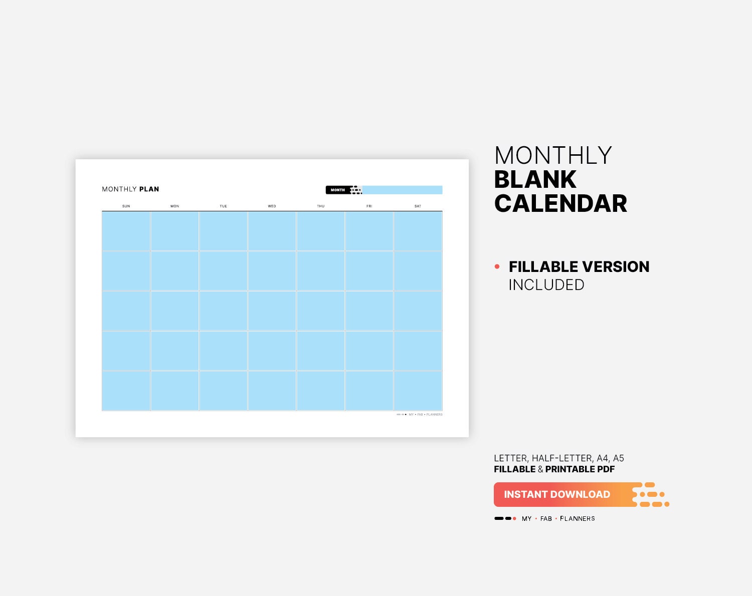 Monthly Blank Calendar, Printable Landscape Insert, Fillable Work at a ...