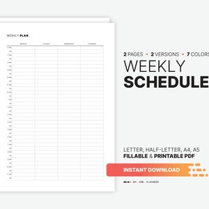 Weekly Schedule Template, Fillable Hourly Planner (PDF)