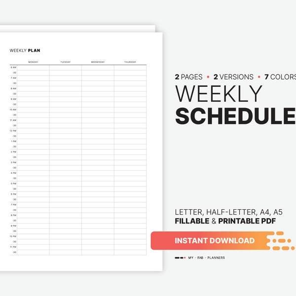 Weekly Schedule Template, Hourly Block Timetable Planner, Week on 2 Pages, Fillable Timesheet Boxes, Printable 8.5x11, 5.5x8.5, A4, A5 PDF
