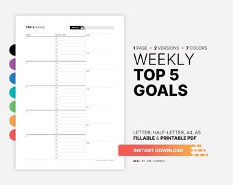 Weekly Top 5 Goals Planner, Undated To-do List Action Plan, Task Checklist Board, Fillable Goal Setting Worksheet, Printable PDF Template