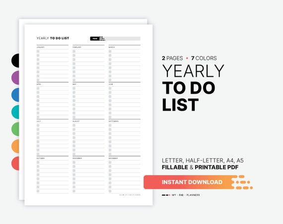 Yearly To-Do List Printable, Fillable Task Planner (Digital Download)
