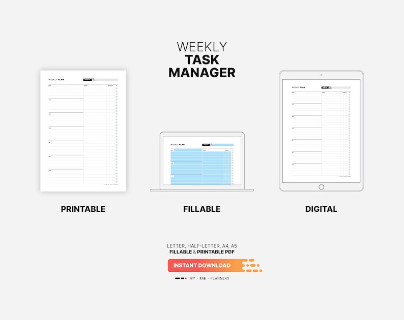 Printable, Fillable, Digital Download for Weekly Task Manager Planner, Productivity To Do List Journal, Fillable Daily Work Checklist Tracker Template, Printable Haf-letter, Letter, A4, A5 PDF