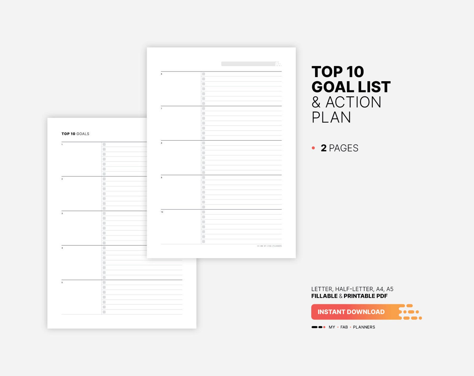 Top 10 Goal List & Action Plan Printable, Fillable PDF Template - Etsy